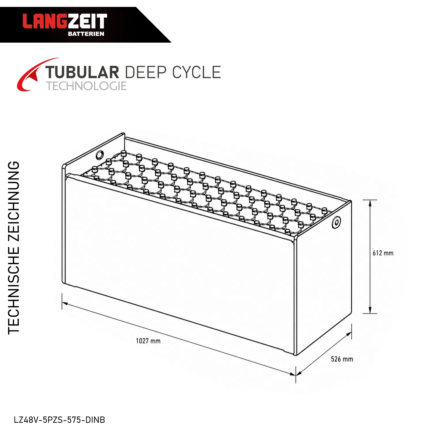 Gabelstaplerbatterie 48V 5PZS 575Ah (DIN-B) – Technische Zeichnung mit Maßen – Art.-Nr. LZ48V-5PZS-575-DINB