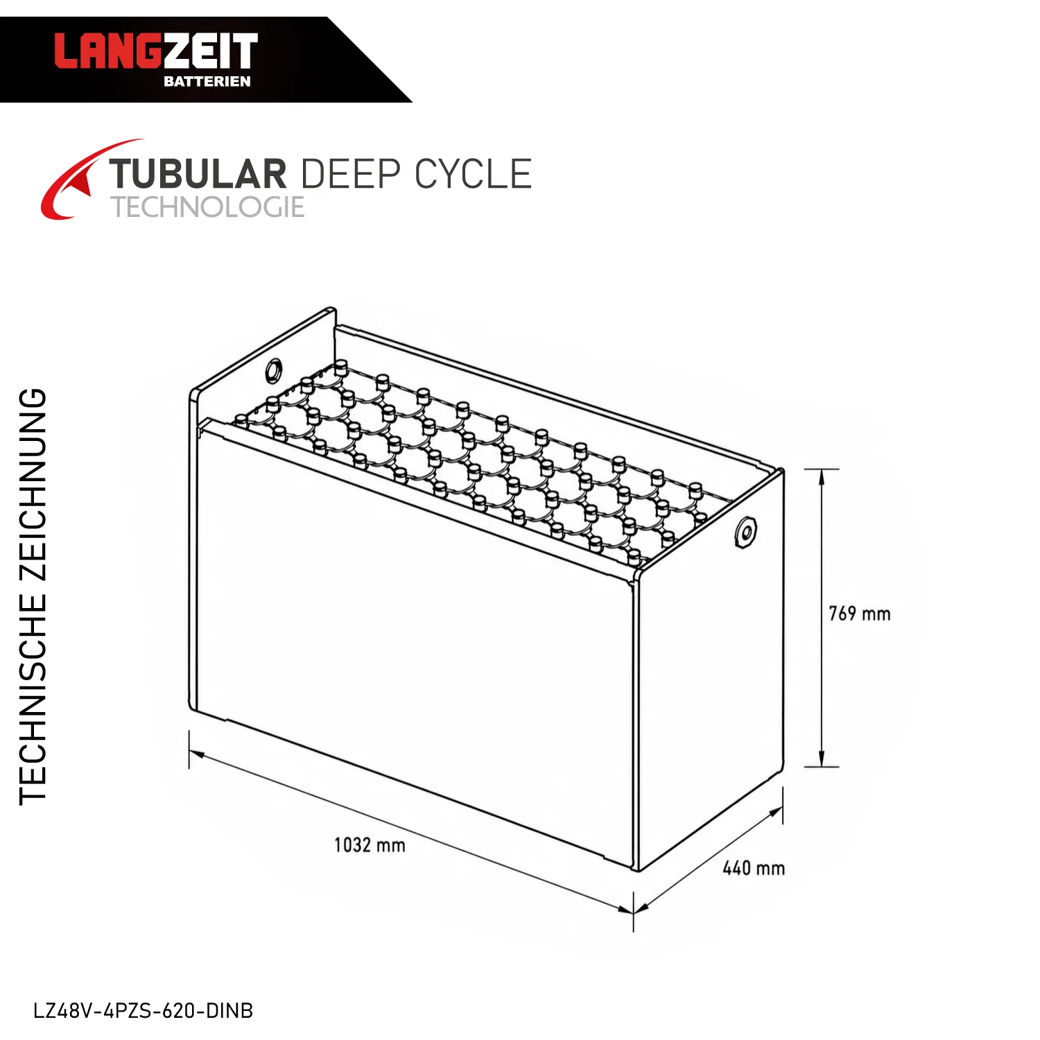 Gabelstaplerbatterie 48V 4PZS 620Ah (DIN-B) – Technische Zeichnung mit Maßen – Art.-Nr. LZ48V-4PZS-620-DINB