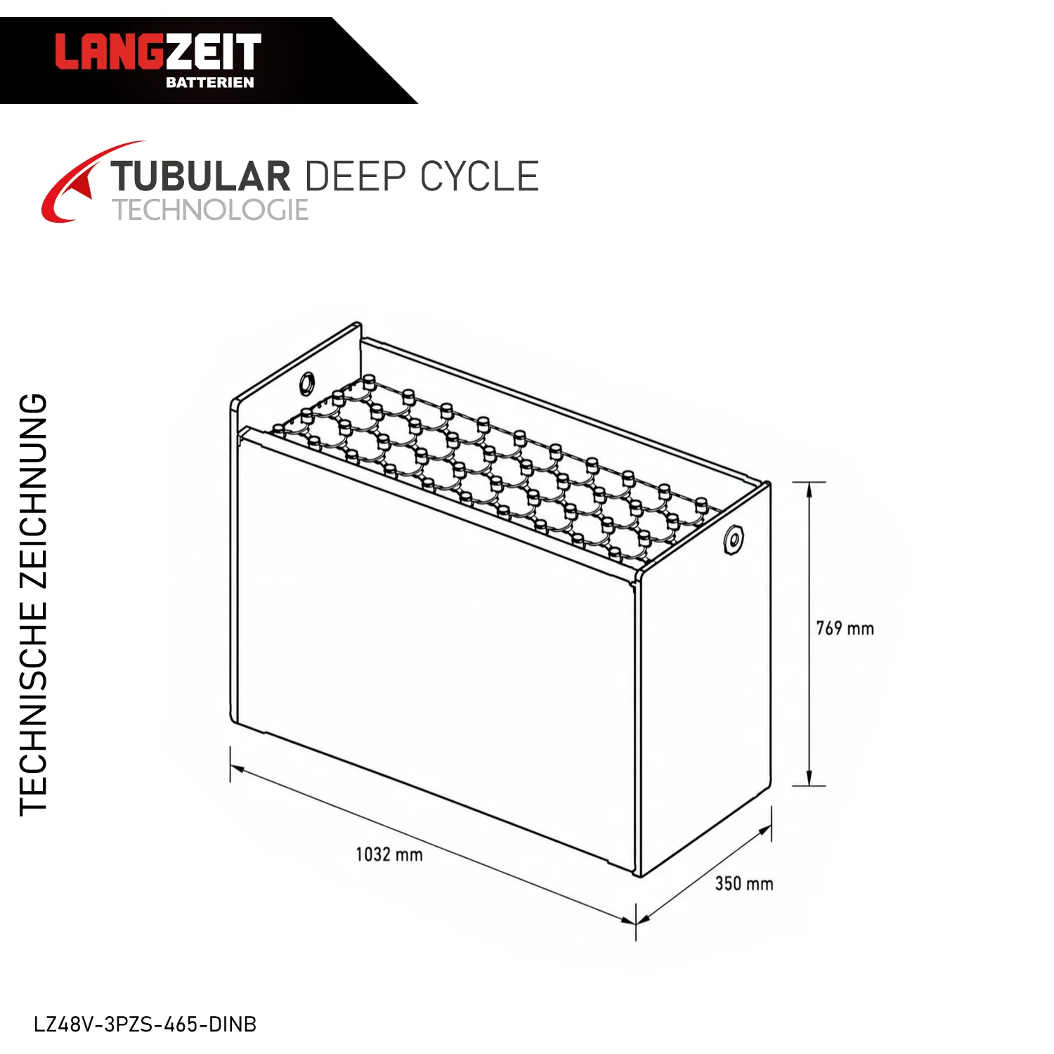 Gabelstaplerbatterie 48V 3PZS 465Ah (DIN-B) – Technische Zeichnung mit Maßen – Art.-Nr. LZ48V-3PZS-465-DINB