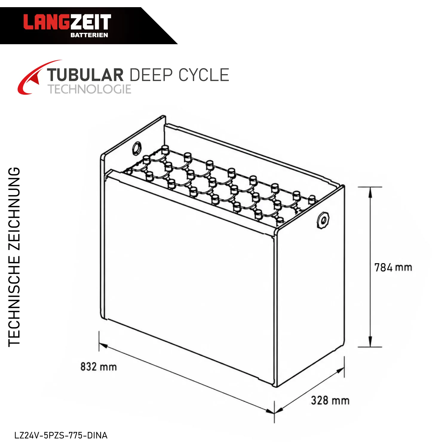 Gabelstaplerbatterie 24V 5PZS 775Ah (DIN-A) – Technische Zeichnung mit Maßen – Art.-Nr. LZ24V-5PZS-775-DINA