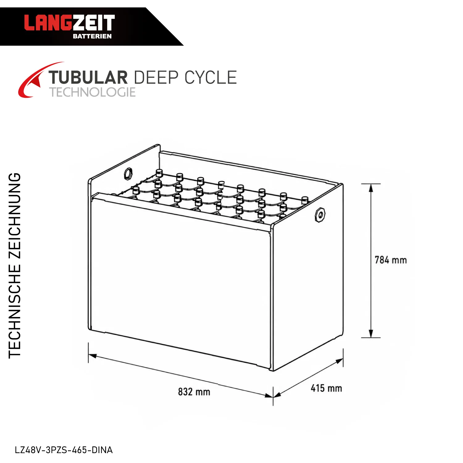 Gabelstaplerbatterie 48V 3PZS 465Ah (DIN-A) – Technische Zeichnung mit Maßen – Art.-Nr. LZ48V-3PZS-465-DINA
