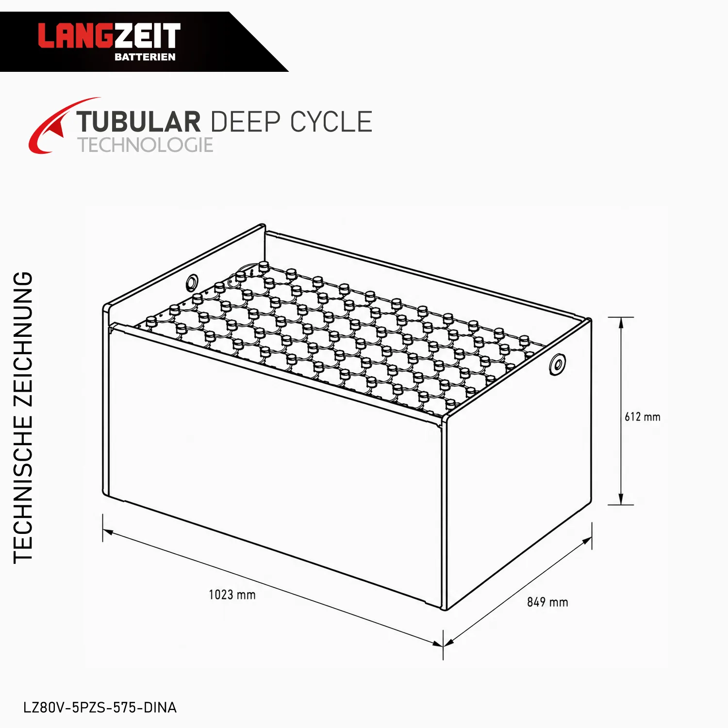 Gabelstaplerbatterie 80V 5PZS 575Ah (DIN-A) – Technische Zeichnung mit Maßen – Art.-Nr. LZ80V-5PZS-575-DINA