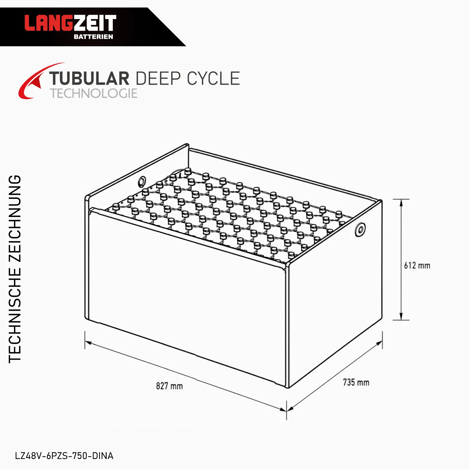 Gabelstaplerbatterie 48V 6PZS 750Ah (DIN-A) – Technische Zeichnung mit Maßen – Art.-Nr. LZ48V-6PZS-750-DINA