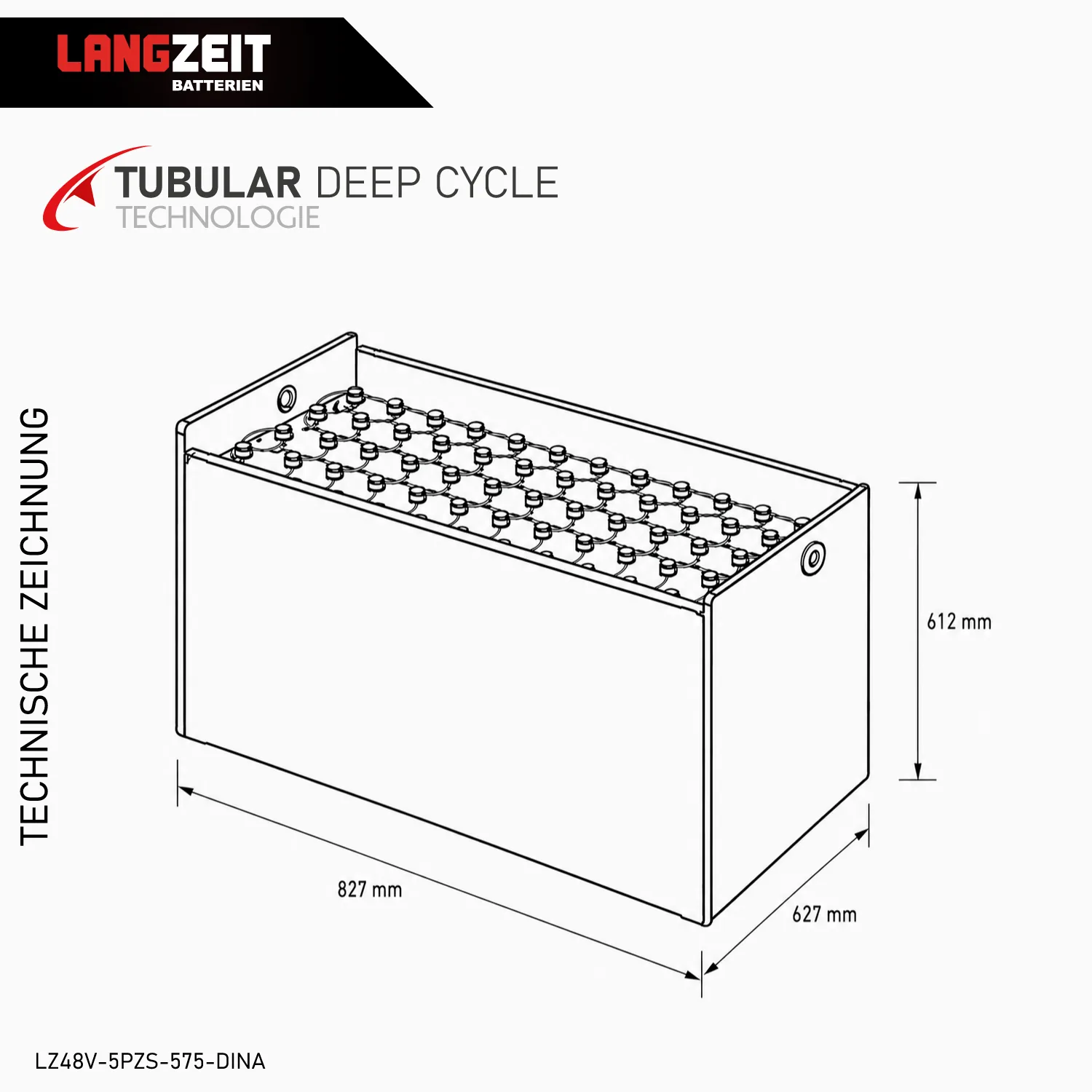 Gabelstaplerbatterie 48V 5PZS 575Ah (DIN-A) – Technische Zeichnung mit Maßen – Art.-Nr. LZ48V-5PZS-575-DINA