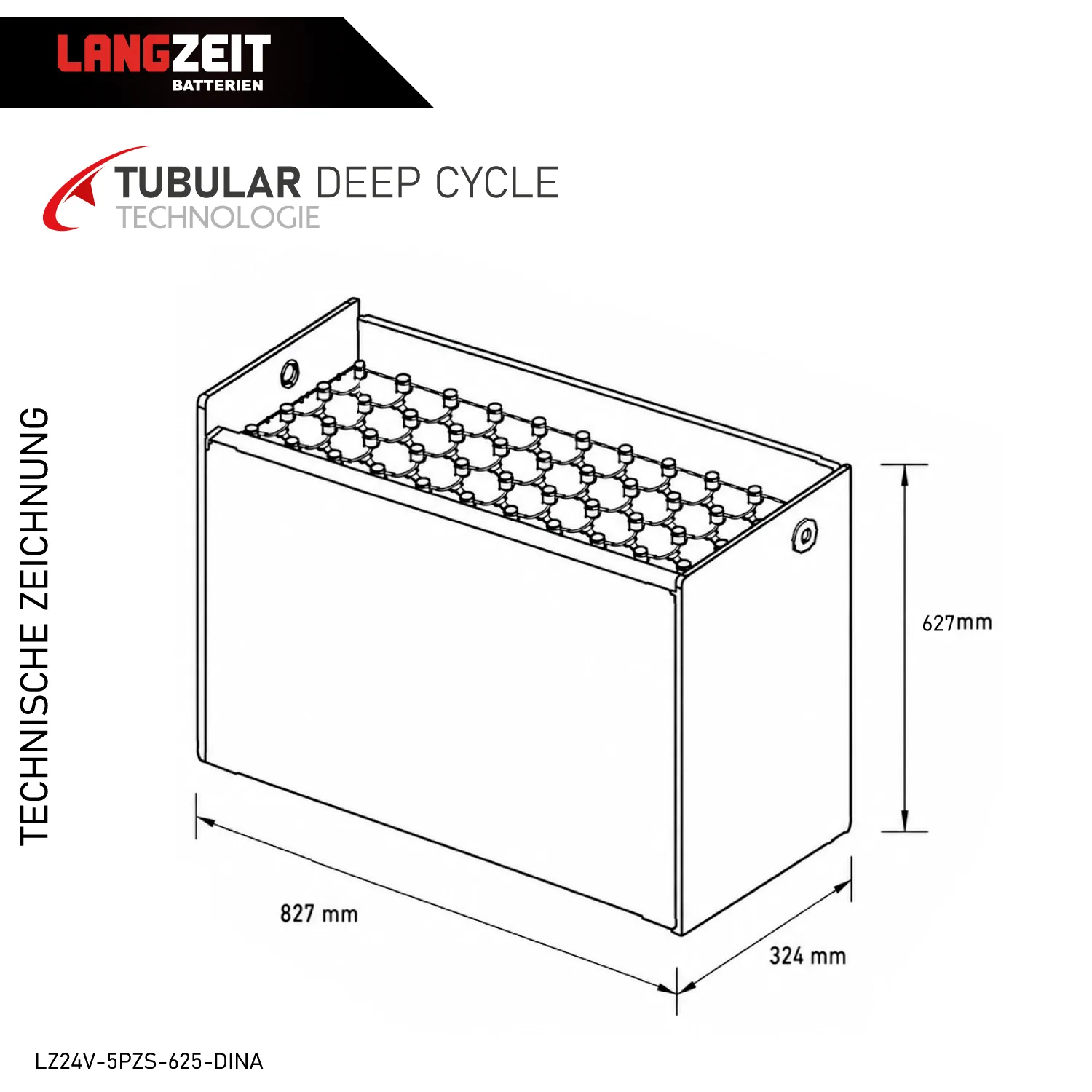 Gabelstaplerbatterie 24V 5PZS 625Ah (DIN-A) – Technische Zeichnung mit Maßen – Art.-Nr. LZ24V-5PZS-625-DINA