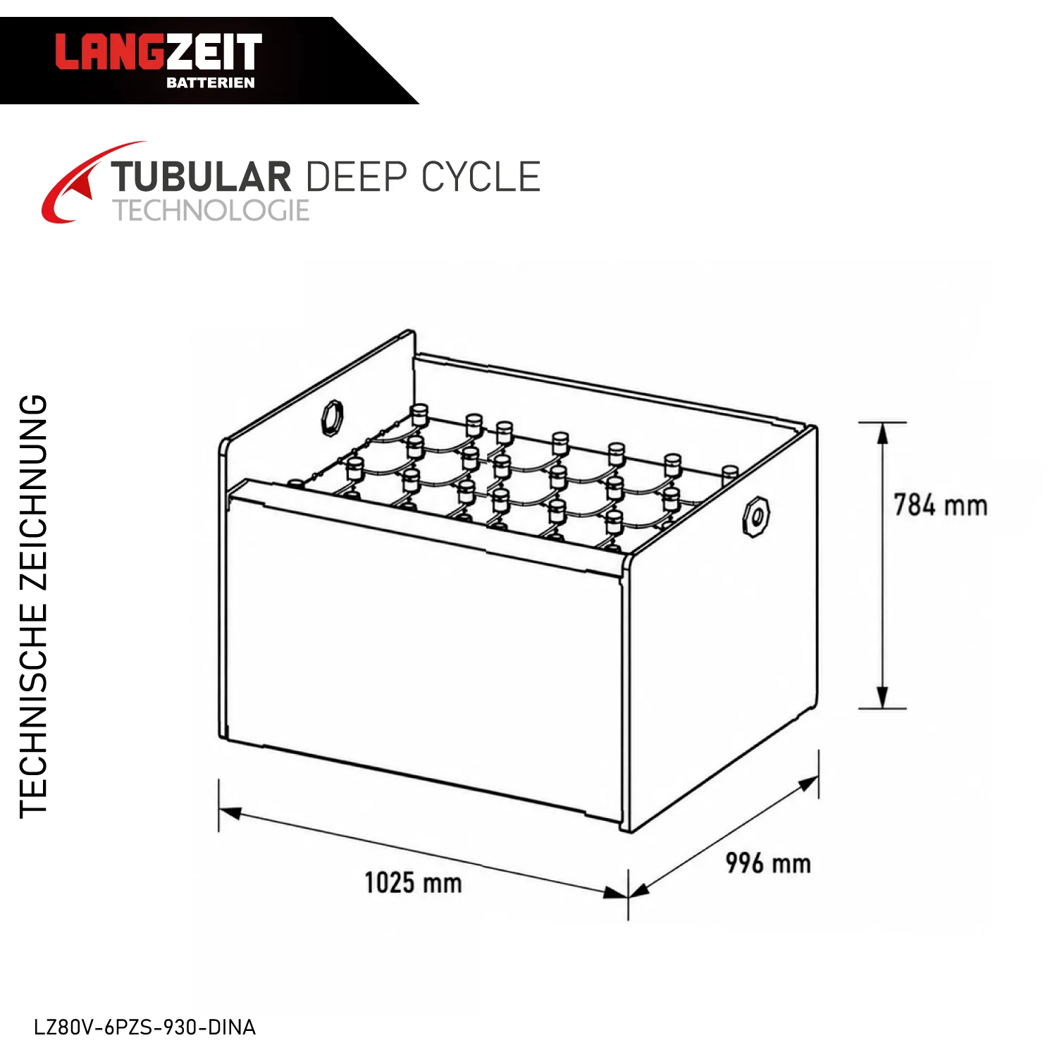 Gabelstaplerbatterie 80V 6PZS 930Ah (DIN-A) – Technische Zeichnung mit Maßen – Art.-Nr. LZ80V-6PZS-930-DINA