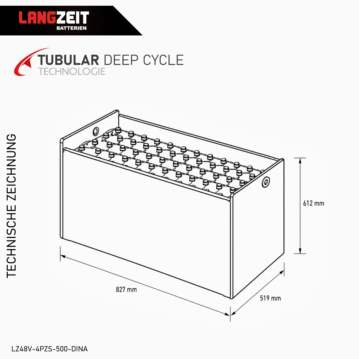 Gabelstaplerbatterie 48V 4PZS 500Ah (DIN-A) – Technische Zeichnung mit Maßen – Art.-Nr. LZ48V-4PZS-500-DINA