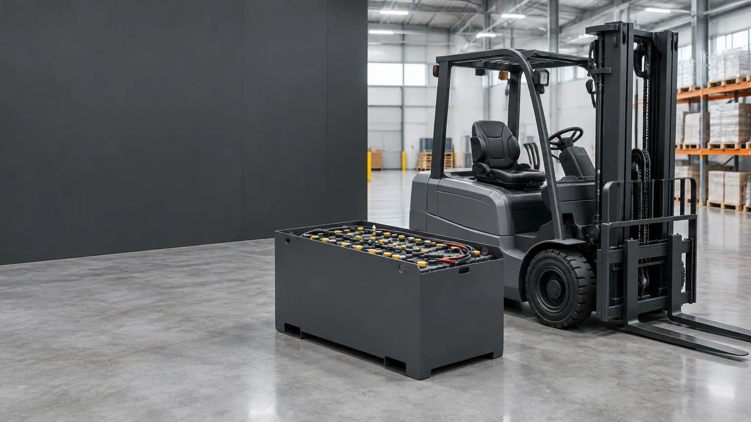 Symbolbild – kein bestimmtes Herstellermodell KI-generiertes Symbolbild: Elektrostapler und Traktionsbatterie, kein bestimmtes Toyota-Modell